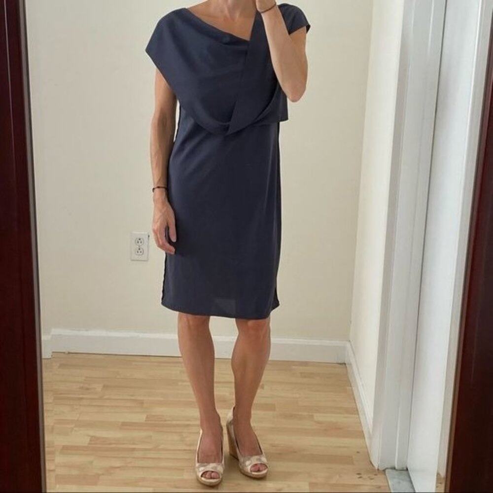 Slate Gray Draped Front Raw Edge Sheath Dress